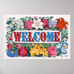 Willkommens-Buchstaben Rosen Lilien Blumengarten Poster
