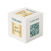 Willkommens-Geschäftslogo QR-Code elfenbeinfarbene Würfel (Vorderseite Schrägansicht)