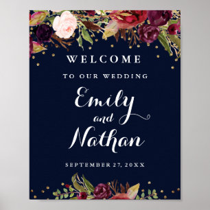 Willkommens-Hochzeitsschild Burgund Gold Navy Flor Poster