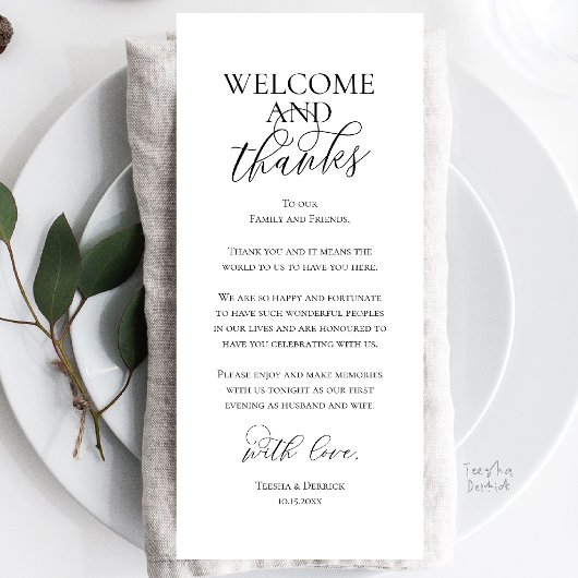 Willkommens- und Dankeskarten für das Hochzeitsdin Programm