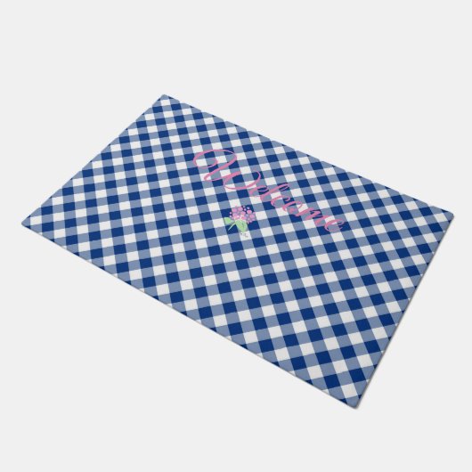 Willkommensblauer Gingham Fußmatte (Schrägansicht)