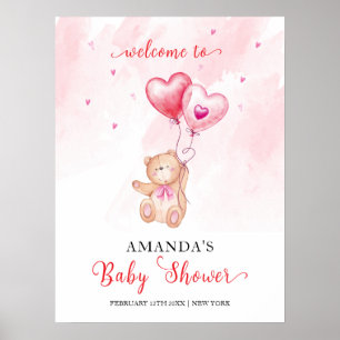 Willkommensgruß zur Baby Shower mit rosa Herz-Tedd Poster