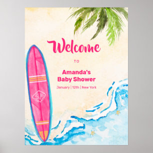 Willkommensgruß zur Babyparty am rosa Meeresstrand Poster