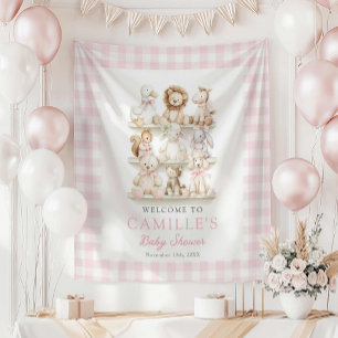 Willkommensgruß zur Babyparty mit rosa Gingham und Wandteppich