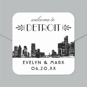 Willkommensgruß zur Detroit-Skyline-Hochzeit in sc Quadratischer Aufkleber