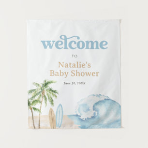 Willkommensschild Baby auf dem Surfbrett zur Babyp Wandteppich
