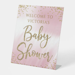 Willkommensschild für Baby Shower Tisch in Rosa Go Sockelschild