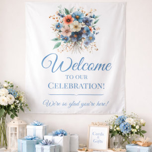 Willkommensschild für Brautparty Blaues Blumenschi Wandteppich