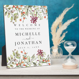 Willkommensschild für Hochzeit auf einer Wildblume Fotoplatte