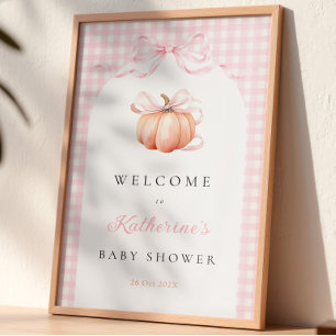 Willkommensschild rosa Gingham-Kürbis-Baby-Party Poster