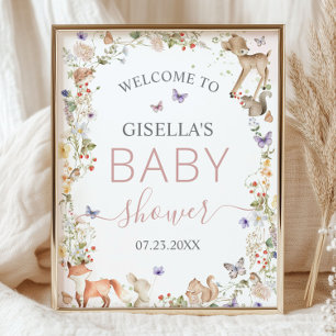 Willkommensschild Waldtiere Wildblumen Baby Shower Fotodruck