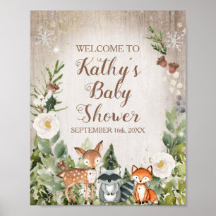 Willkommensschild Wintertiere Wald Weiße Blumen Poster