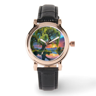 Willow Baum unter Vollmond N Sternenhimmel Sunset Armbanduhr