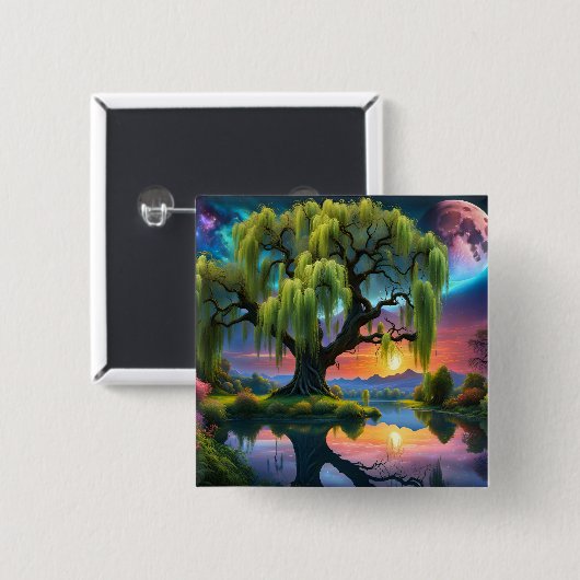 Willow Baum unter Vollmond N Sternenhimmel Sunset Button (Vorne & Hinten)