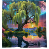 Willow Baum unter Vollmond N Sternenhimmel Sunset Duschvorhang (Vorderseite)