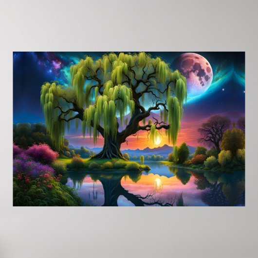Willow Baum unter Vollmond N Sternenhimmel Sunset Poster (Vorne)