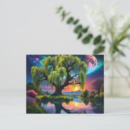 Willow Baum unter Vollmond N Sternenhimmel Sunset Postkarte (Stehend Vorderseite)