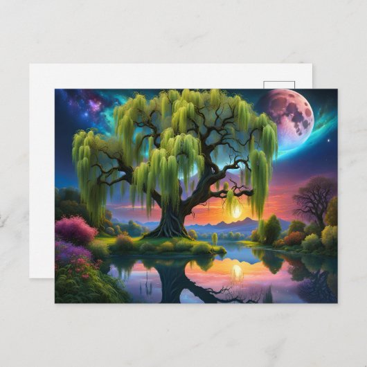 Willow Baum unter Vollmond N Sternenhimmel Sunset Postkarte (Vorne/Hinten)