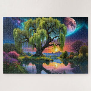 Willow Baum unter Vollmond N Sternenhimmel Sunset Puzzle