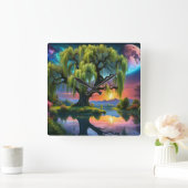 Willow Baum unter Vollmond N Sternenhimmel Sunset Quadratische Wanduhr (Zuhause)