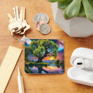 Willow Baum unter Vollmond N Sternenhimmel Sunset Schlüsselanhänger