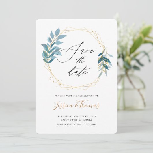 Willow Blätter und Goldrahmen Save the Date Karte (Stehend Vorderseite)