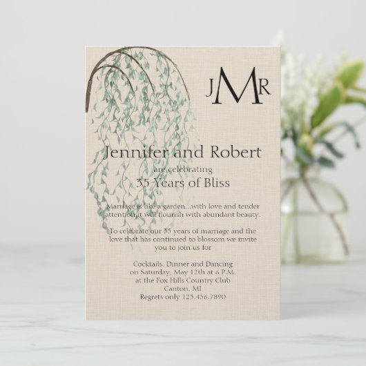 Willow Branch auf Linen Hochzeitstag Einladung (Stehend Vorderseite)