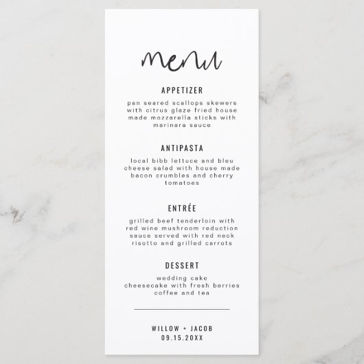 WILLOW Einfache moderne Schwarz-weiße Menükarten (Vorderseite)
