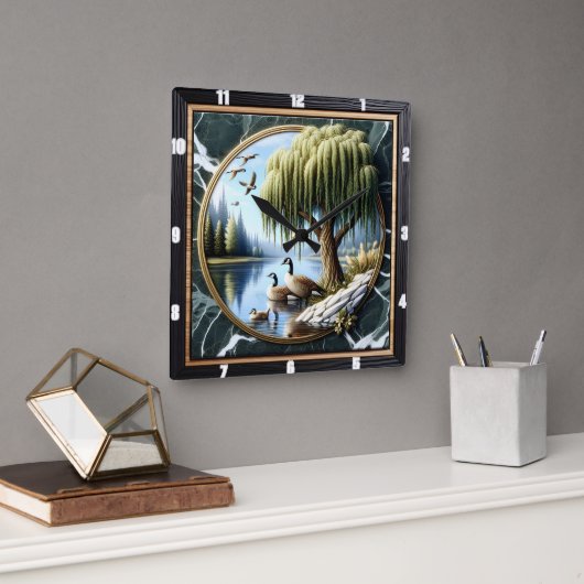 Willow Goose Rustic Water's Edge Quadratische Wanduhr (Büro)