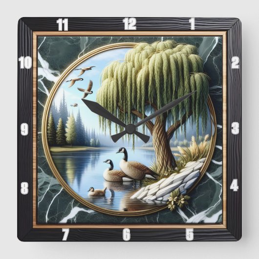 Willow Goose Rustic Water's Edge Quadratische Wanduhr (Vorderseite)