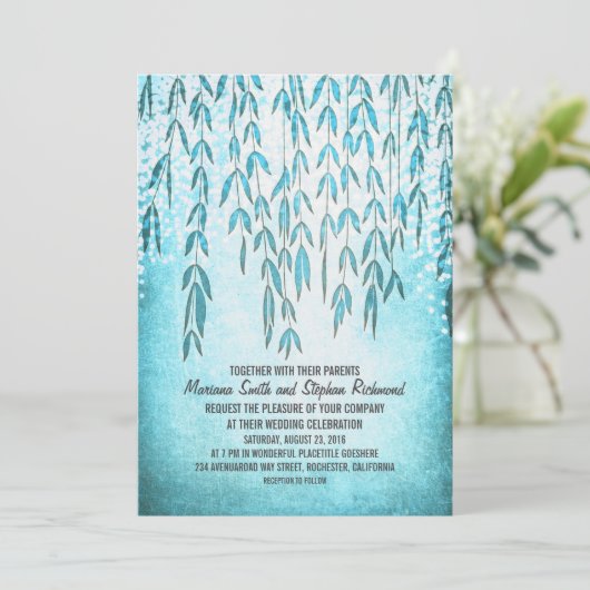 Willow Tree Branches Blue String Lights Wedding Einladung (Stehend Vorderseite)