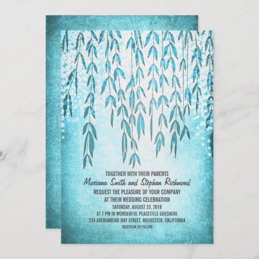 Willow Tree Branches Blue String Lights Wedding Einladung (Vorne/Hinten)