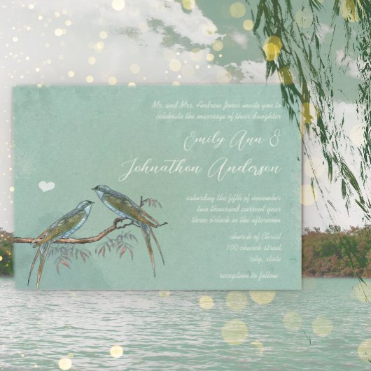 Willow Tree Grove Green Blue Love Bird Wedding Einladung