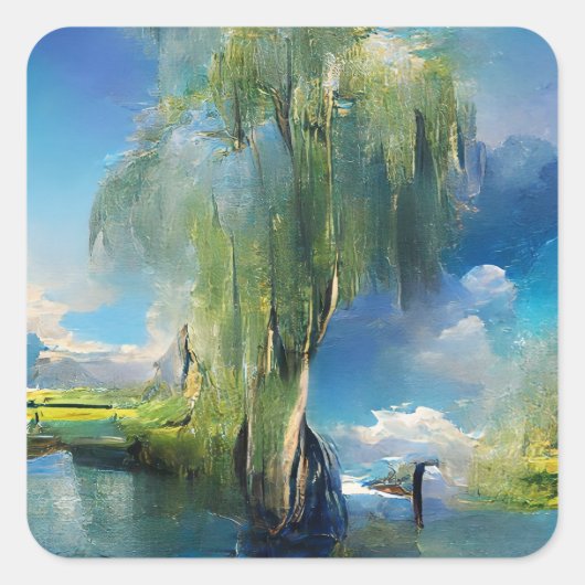 Willow tree to sky Abstrakt Quadratischer Aufkleber (Vorderseite)