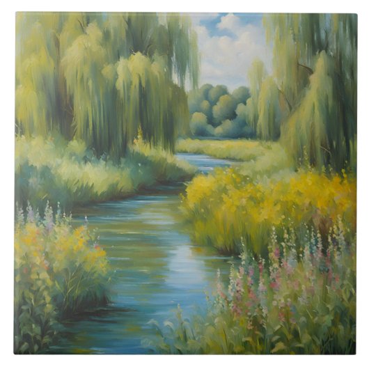 Willow Trees and Wildblumen nähe River im Sommer Fliese (Vorderseite)