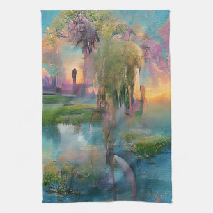 Willow und wisteria am Teich bei Sonnenuntergang Geschirrtuch