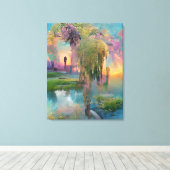 Willow und wisteria am Teich bei Sonnenuntergang Leinwanddruck (Insitu (Holzboden))