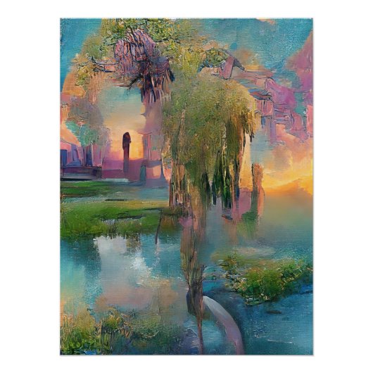 Willow und wisteria am Teich bei Sonnenuntergang Poster (Vorderseite)