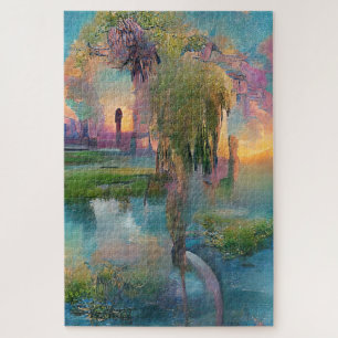 Willow und wisteria am Teich bei Sonnenuntergang Puzzle