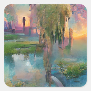 Willow und wisteria am Teich bei Sonnenuntergang Quadratischer Aufkleber