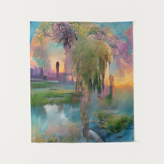 Willow und wisteria am Teich bei Sonnenuntergang Wandteppich (Vorderseite)