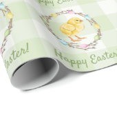 Willow Wreath And Chick Happy Easter Green Gingham Geschenkpapier (Rolleneckpunkt)