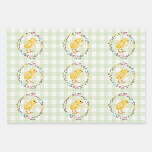 Willow Wreath With Eggs And Chick Green Gingham Geschenkpapier Set (Vorderseite 3)