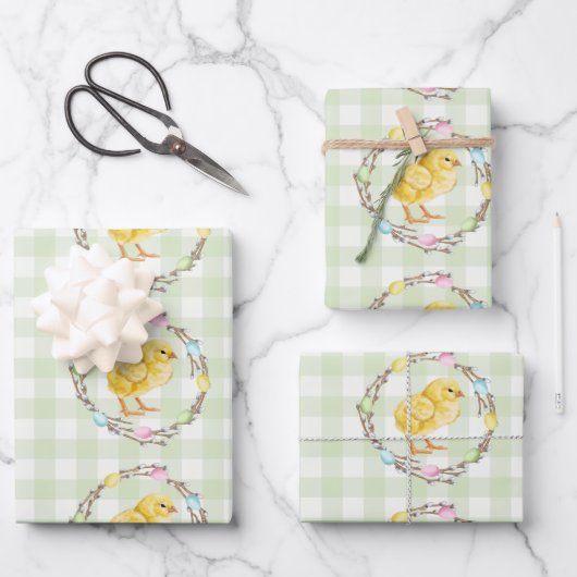 Willow Wreath With Eggs And Chick Green Gingham Geschenkpapier Set (Vorderseite)