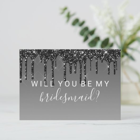 Willst du mein Bridesmaid Fab Glitzer Tropfen Blac Einladung (Stehend Vorderseite)