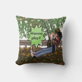 Willst du spielen? Sitzkissenmädchen auf einem Sch Kissen