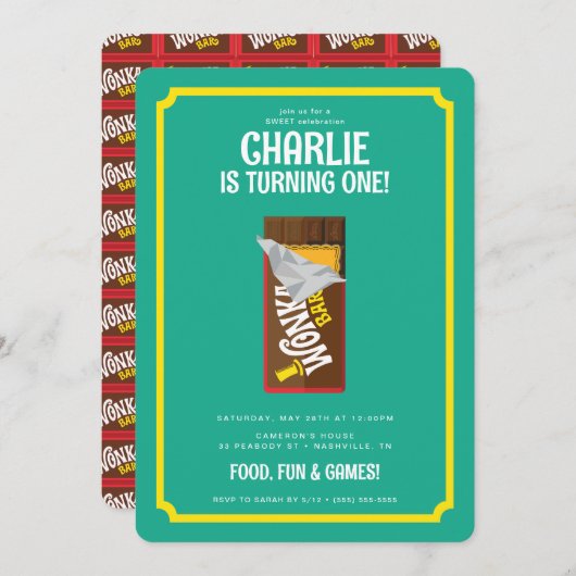 Willy Wonka und die Schokoladenfabrik zum Geburtst Einladung (Vorne/Hinten)