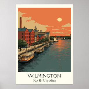 Wilmington NC Vintag Riverfront City Sunset Art Poster
