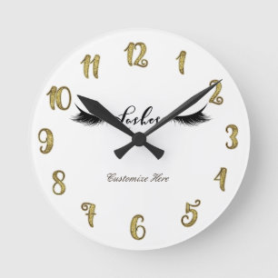 Wimpern Lashes Gold & Black Glam Personalisiert Runde Wanduhr