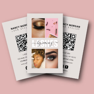 Wimpern Schrift Foto-Collage QR-Code Beige  Visitenkarte